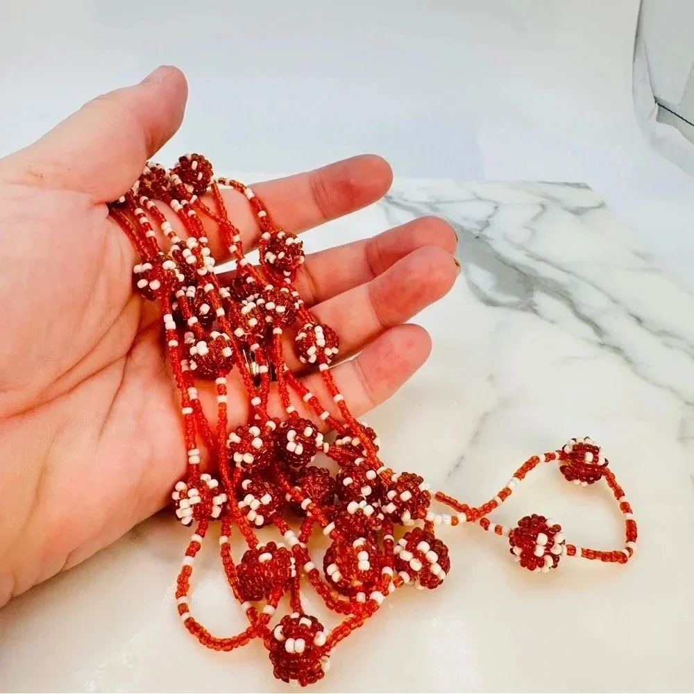 Vintage Beaded Station Necklace Very Long 62” Burnt Orange Polka Dot Est…